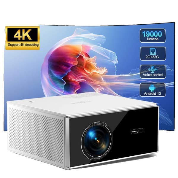 Full HD projektor, 19000 lumen lysstyrke, 4K video understøttelse,Android-version