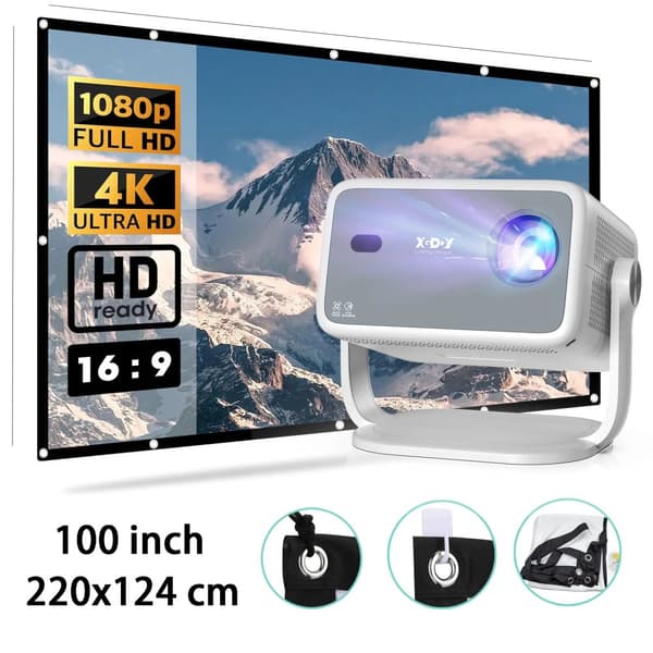 XGODY, 1080P inbyggd upplösning, 18000 ANSI lumen ljusstyrka,Projektor Med 100in