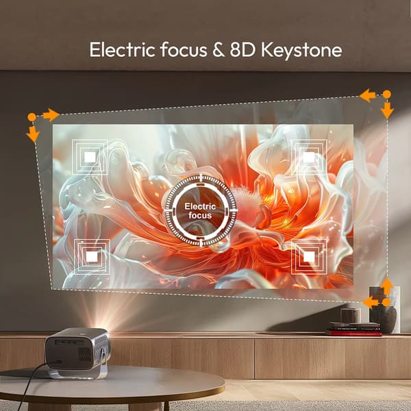 4K Android Projektor, 350 ANSI Lumen Lysstyrke, Automatisk Keystone Korrigering, Dual-Band WiFi