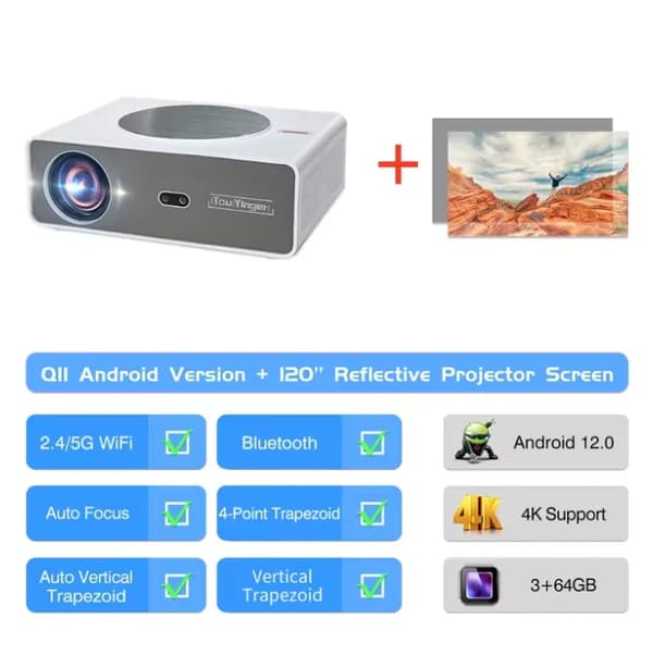 4K Android Projektor, 28000 Lumen Lysstyrke, Bluetooth Fjernbetjening,Android og skærm