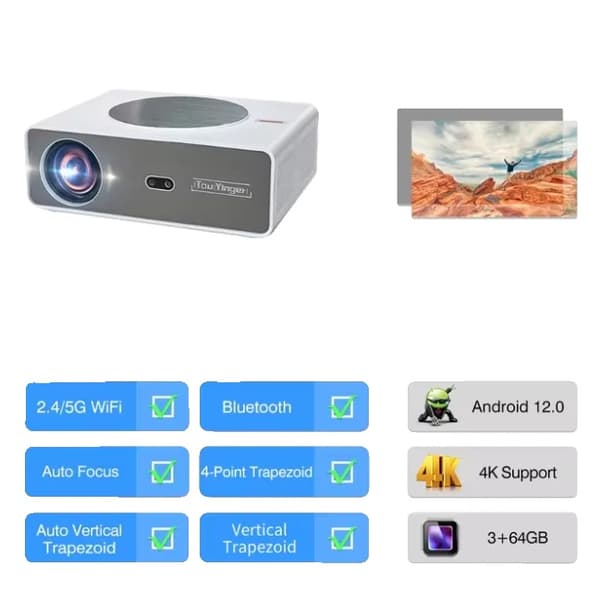 4K Android Projektor, 28000 Lumen Lysstyrke, Bluetooth Fjernbetjening,Android og skærm
