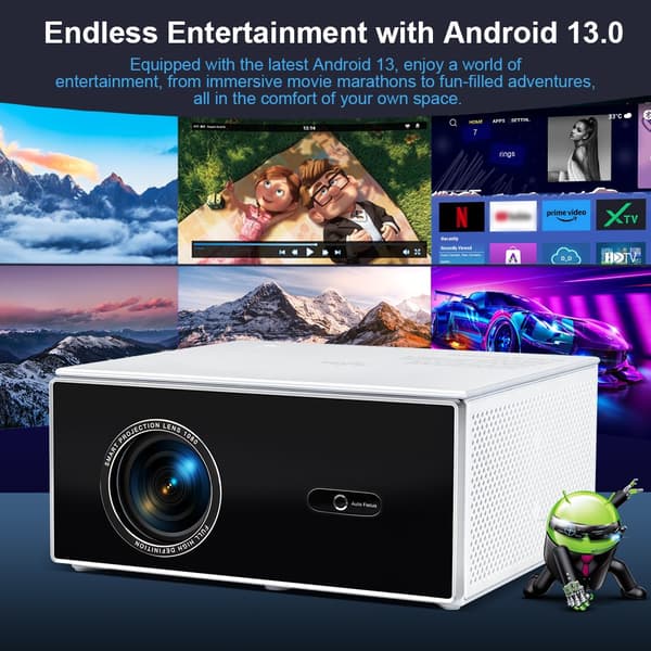 Full HD projektor, 19000 lumen lysstyrke, automatisk fokus og keystone-korrektion,Android-version