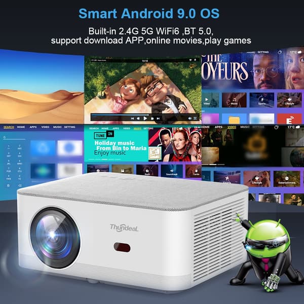 Fuld HD Projektor, 12000 Lumen Lysstyrke, WiFi og Bluetooth Forbindelse,Android Version