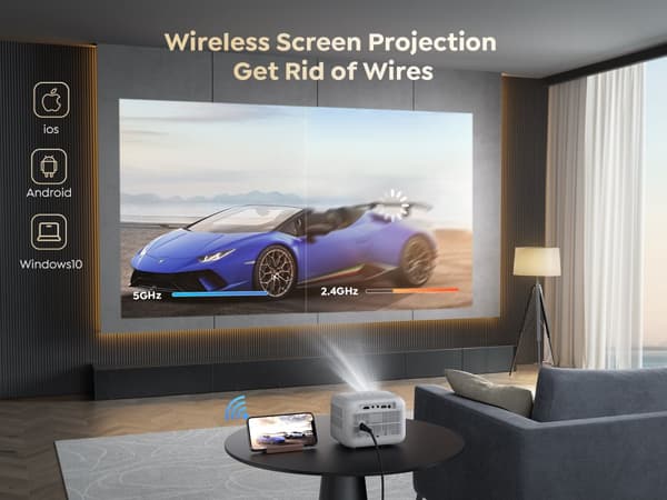 Mini projektor, WiFi- og Bluetooth-forbindelse, motoriseret fokus,EU-stik