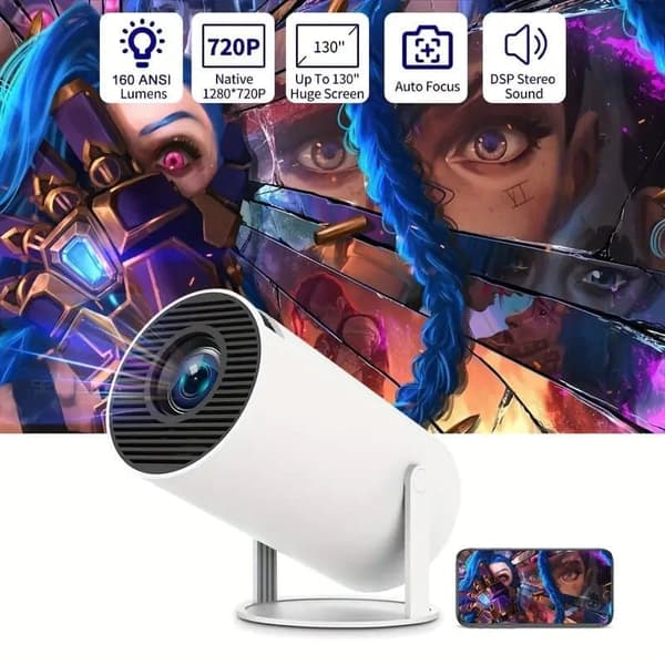OBOSOE 4K projektor HY300 Pro – Android 11, 5G WiFi, Bluetooth 5.2, 180° drejelig, automatisk vandret justering