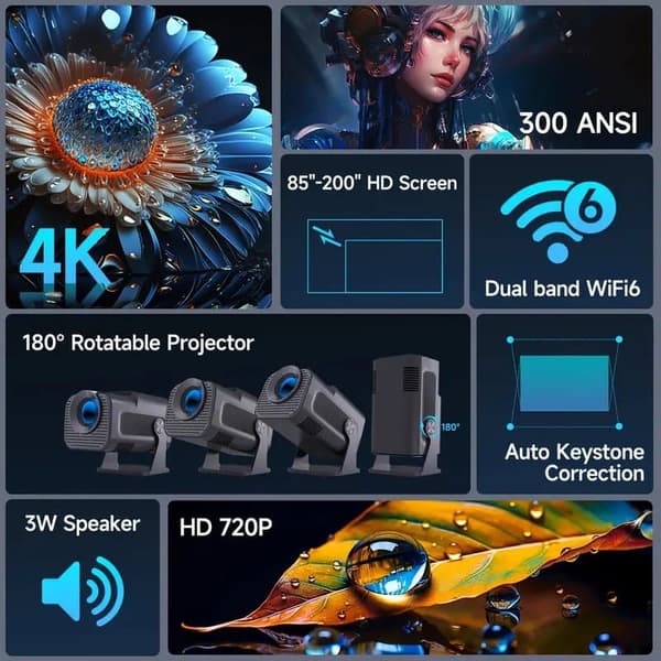 OBOSOE Mini 4K-projektor HY320 – Smart Android 11, 300 ANSI, WiFi 6, Bluetooth 5.0, 180° drejelig