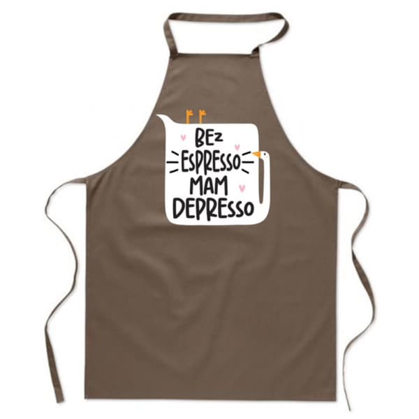 FÖRKLÄDE MED ETT ROLIGT KÖKMUSIK UTAN ESPRESSO JAG HAR DEPRESSO-KAFFE