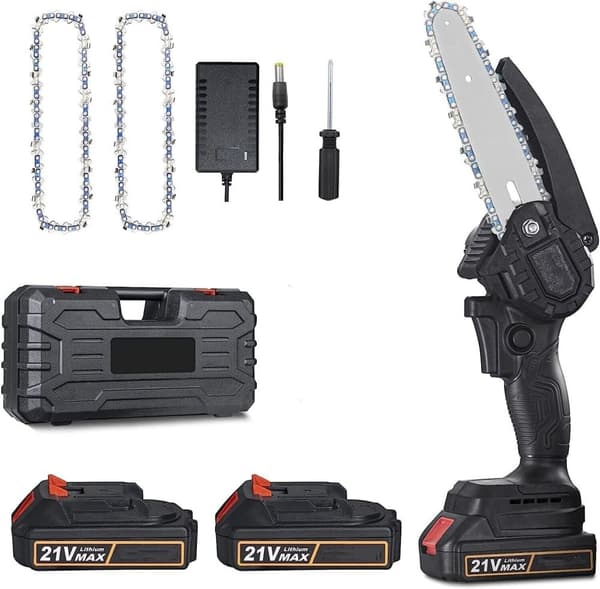 1500W sladdlös motorsåg - 15 cm klinga - 2 x 21V laddningsbara batterier - Lätt 0,8 kg - Volframkedja - Kompatibel med Makita-batterier