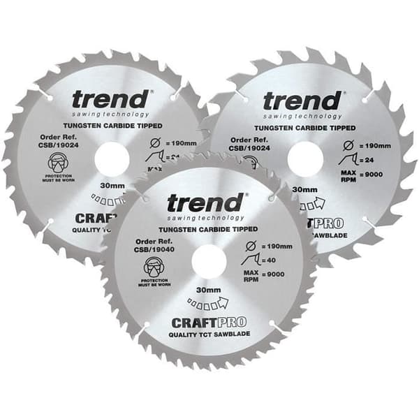 TREND Craft Pro 3-pack cirkelsågblad 190 mm diameter 20 mm hål 24 40 - 60 tänder - CSB/190/3PK