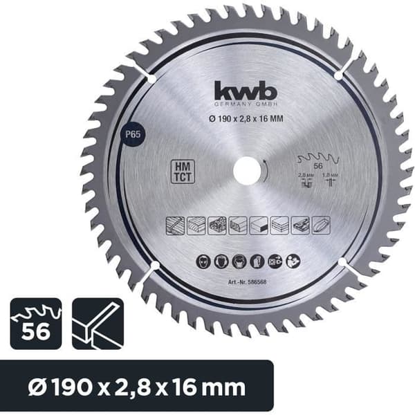 Klinga för cirkelsåg kwb 190 x 16 mm, mycket fin snitt, anpassad för arbetsytor, trä och belagda paneler - kwb