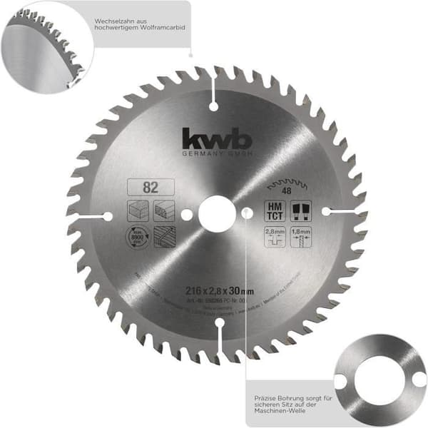 Sågblad kwb 250 x 30 mm - Mycket fin snitt - Lämplig för arbetsbänkar, trä och belagda paneler - Märke kwb