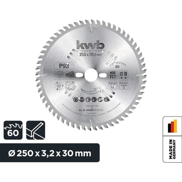 Sågblad kwb 250 x 30 mm - Mycket fin snitt - Lämplig för arbetsbänkar, trä och belagda paneler - Märke kwb