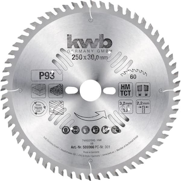 Sågblad kwb 250 x 30 mm - Mycket fin snitt - Lämplig för arbetsbänkar, trä och belagda paneler - Märke kwb