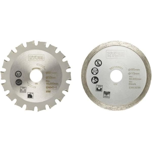 RYOBI - 2-bladssats (1 trä-/metallblad och 1 kakelblad) 85 mm - 15 mm hål för R18MMS multimaterialsåg - RAKKMMS02K