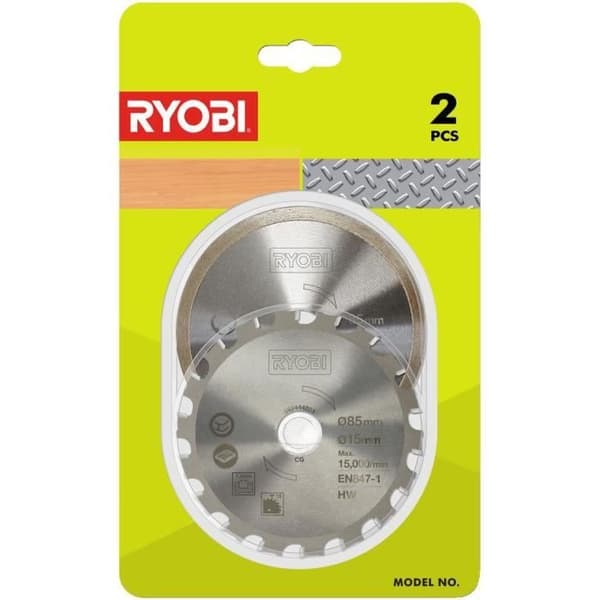 RYOBI - 2-bladssats (1 trä-/metallblad och 1 kakelblad) 85 mm - 15 mm hål för R18MMS multimaterialsåg - RAKKMMS02K