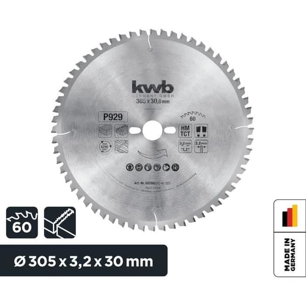 Klinga för cirkelsåg kwb 305 x 30 mm - Mycket fin snitt - Anpassad för arbetsytor, trä och belagda paneler