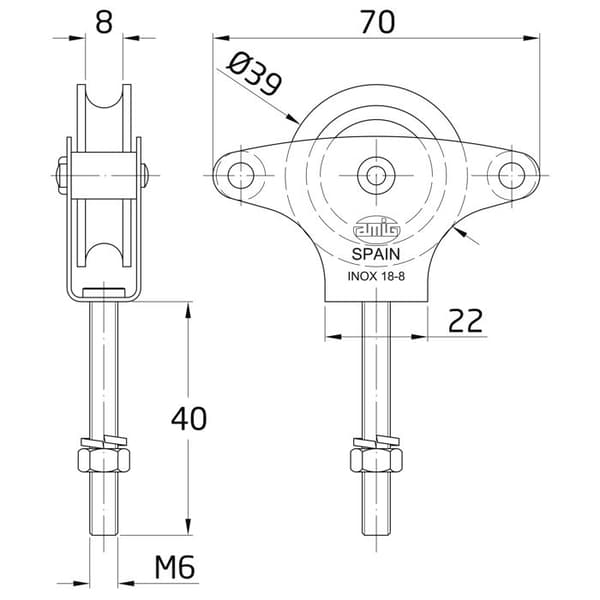 AMIG 3209 | Metallpulley 20 INOX. | M6 x 40 mm | Rostfritt stål AISI 304 | Matt