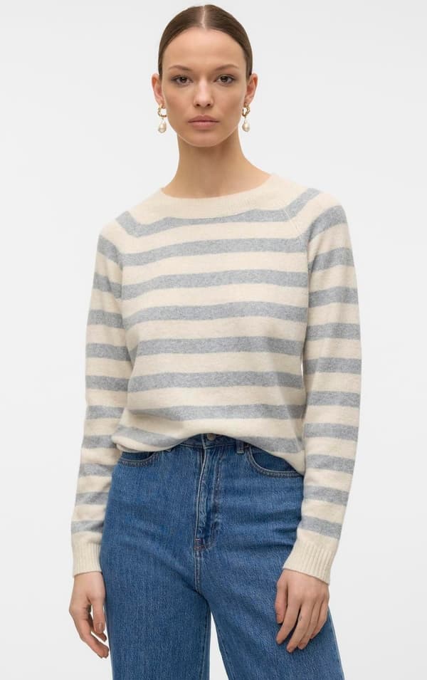 Vero Moda - vmDoffy O-neck Blouse Randig Beige/Ljusgrå XS