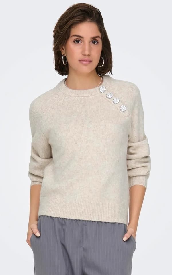 Only - onlLauren LS O-neck Button KNT Beige L