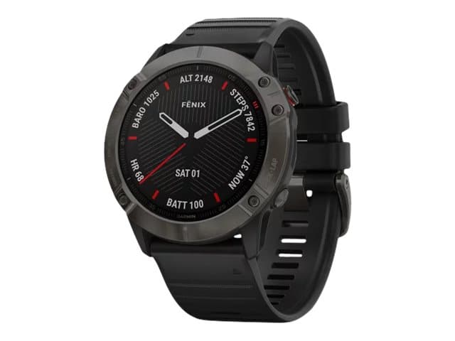 Garmin fenix 6X Sapphire - Carbon gray DLC - sportsur med bånd - silikon - svart - wrist size: 127-210 mm - display 1.4" - 32 GB - Bluetooth, Wi-Fi,