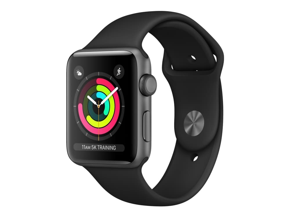 Apple Watch Series 3 (GPS) - 38 mm - rymdgrå aluminium - smart klocka med sportband - fluoroelastomer - svart - wrist size: 130-200 mm - 8 GB - Wi-Fi