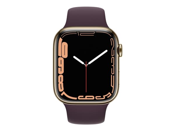Apple Watch Series 7 (GPS + Cellular) - 45 mm - gyllen rustfritt stål - smartklokke med sportsbånd - fluorelastomer - mørk kirsebær - båndbredde: Reg