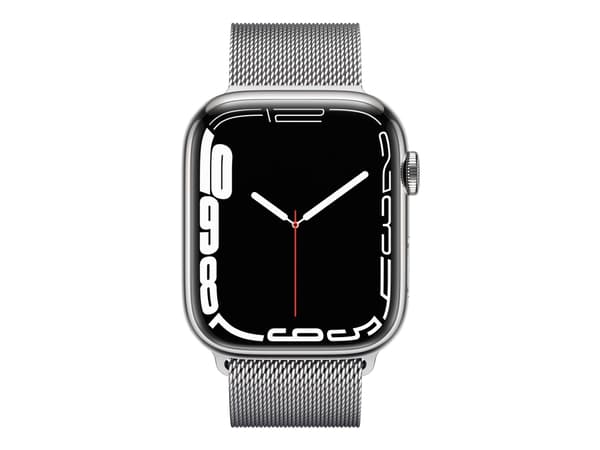 Apple Watch Series 7 (GPS + Cellular) - 45 mm - sølv rustfritt stål - smartklokke med fint strikket løkke - rustfritt stål - sølv - håndleddstørrelse