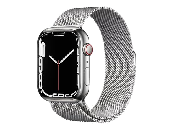 Apple Watch Series 7 (GPS + Cellular) - 45 mm - sølv rustfritt stål - smartklokke med fint strikket løkke - rustfritt stål - sølv - håndleddstørrelse