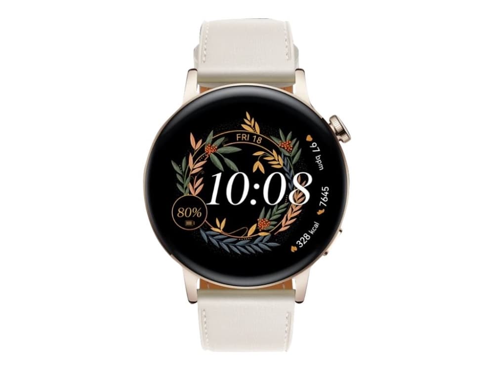 Huawei Watch GT 3 - Elegant Edition - 42 mm - guld, rostfritt stål - smart klocka med rem - läder - vit - handledsstorlek: 130-190 mm - display 1.32"
