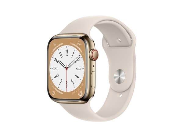 Apple Watch Series 8 (GPS + Cellular) - 45 mm - gyllen rustfritt stål - smartklokke med sportsbånd - fluorelastomer - stjernelys - båndbredde: Regula
