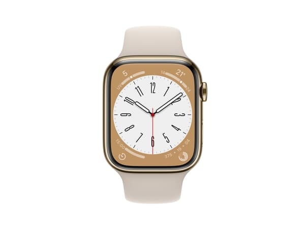 Apple Watch Series 8 (GPS + Cellular) - 45 mm - gyllen rustfritt stål - smartklokke med sportsbånd - fluorelastomer - stjernelys - båndbredde: Regula