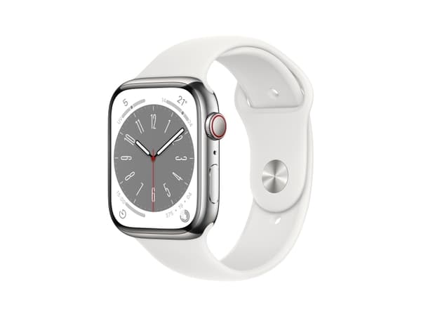 Apple Watch Series 8 (GPS + Cellular) - 45 mm - rostfritt stål i silver - smart klocka med sportband - fluoroelastomer - vit - bandstorlek: standard