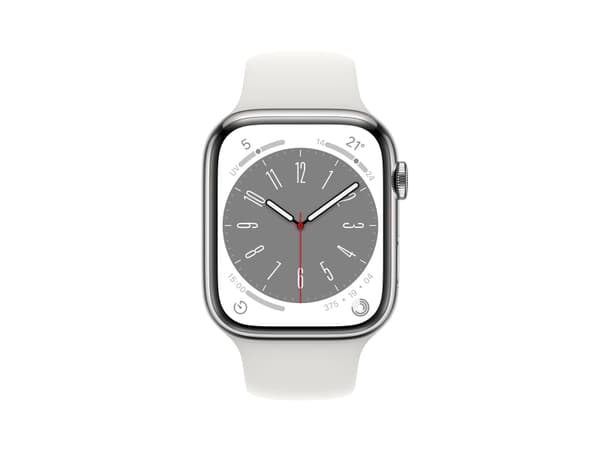 Apple Watch Series 8 (GPS + Cellular) - 45 mm - rostfritt stål i silver - smart klocka med sportband - fluoroelastomer - vit - bandstorlek: standard