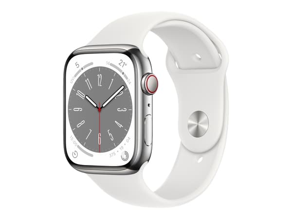 Apple Watch Series 8 (GPS + Cellular) - 45 mm - rostfritt stål i silver - smart klocka med sportband - fluoroelastomer - vit - bandstorlek: standard