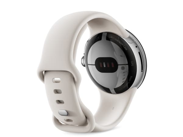 Google Pixel - Polerat silver - smart klocka med aktivt band - fluoroelastomer - krita - bandstorlek: L - 32 GB - Bluetooth, Wi-Fi, NFC - 36 g