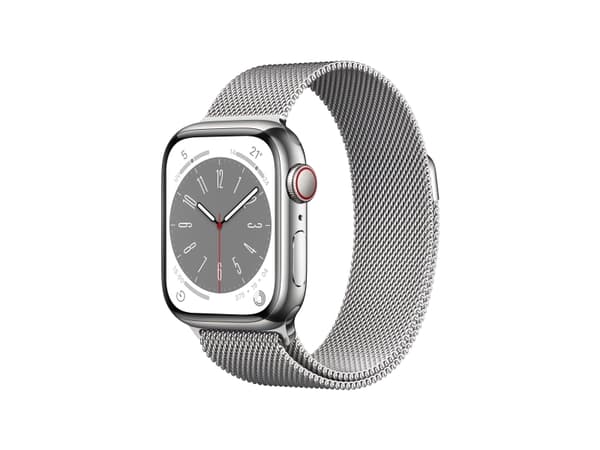 Apple Watch Series 8 (GPS + Cellular) - 41 mm - sølv rustfritt stål - smartklokke med fint strikket løkke - håndleddstørrelse: 130-180 mm - 32 GB - W