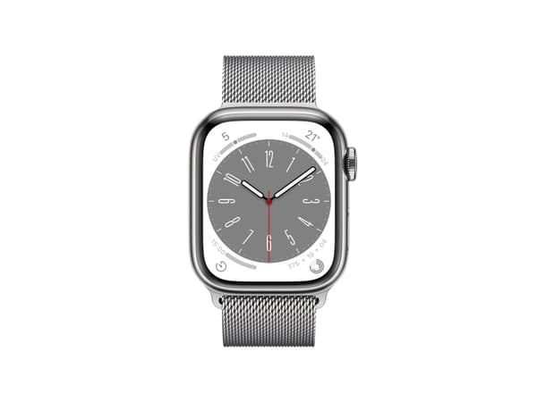Apple Watch Series 8 (GPS + Cellular) - 41 mm - sølv rustfritt stål - smartklokke med fint strikket løkke - håndleddstørrelse: 130-180 mm - 32 GB - W