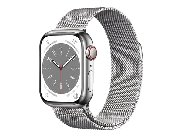 Apple Watch Series 8 (GPS + Cellular) - 41 mm - rostfritt stål i silver - smart klocka med milanesisk loop - handledsstorlek: 130-180 mm - 32 GB - Wi