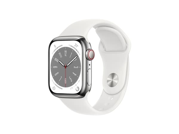 Apple Watch Series 8 (GPS + Cellular) - 41 mm - sølv rustfritt stål - smartklokke med sportsbånd - fluorelastomer - hvit - båndbredde: Regular - 32 G