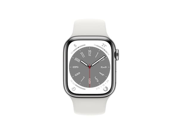 Apple Watch Series 8 (GPS + Cellular) - 41 mm - sølv rustfritt stål - smartklokke med sportsbånd - fluorelastomer - hvit - båndbredde: Regular - 32 G