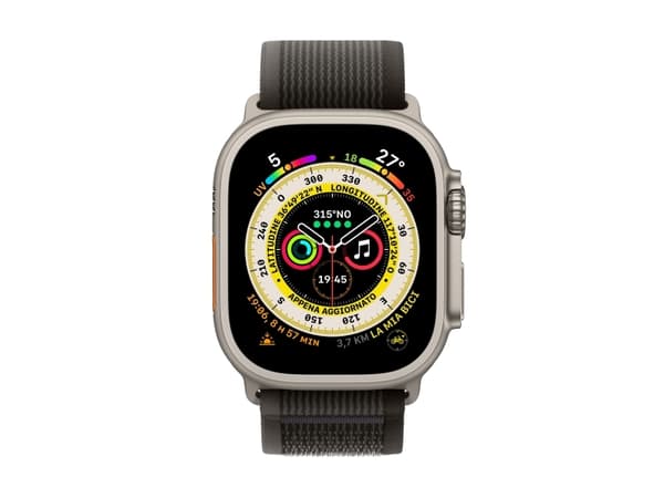 Apple Watch Ultra - 49 mm - titan - smartklokke med Trail Loop - myk dobbeltlagsnylon - svart/grå - båndbredde: M/L - 32 GB - Wi-Fi, LTE, UWB, Blueto
