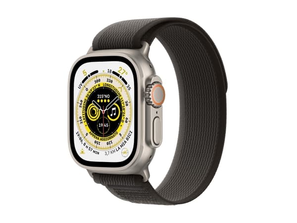 Apple Watch Ultra - 49 mm - titan - smartklokke med Trail Loop - myk dobbeltlagsnylon - svart/grå - båndbredde: M/L - 32 GB - Wi-Fi, LTE, UWB, Blueto