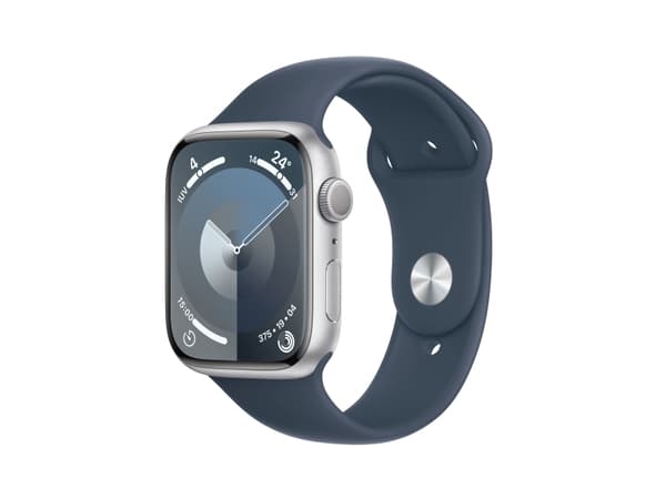 Apple Watch Series 9 (GPS) - 45 mm - silveraluminium - smart klocka med sportband - fluoroelastomer - stormbl¨ - bandstorlek: M/L - 64 GB - Wi-Fi, Bl