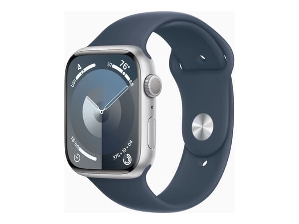 Apple Watch Series 9 (GPS) - 45 mm - silveraluminium - smart klocka med sportband - fluoroelastomer - stormbl¨ - bandstorlek: M/L - 64 GB - Wi-Fi, Bl