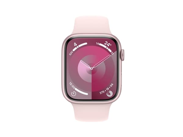 Apple Watch Series 9 (GPS) - 45 mm - rosa aluminium - smartklokke med sportsbånd - fluorelastomer - lys rosa - båndbredde: S/M - 64 GB - Wi-Fi, Bluet