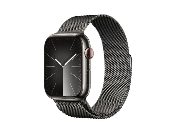 Apple Watch Series 9 (GPS + Cellular) - 45 mm - rustfritt grafittstål - smartklokke med fint strikket løkke - 64 GB - Wi-Fi, Bluetooth, UWB, LTE - 4G