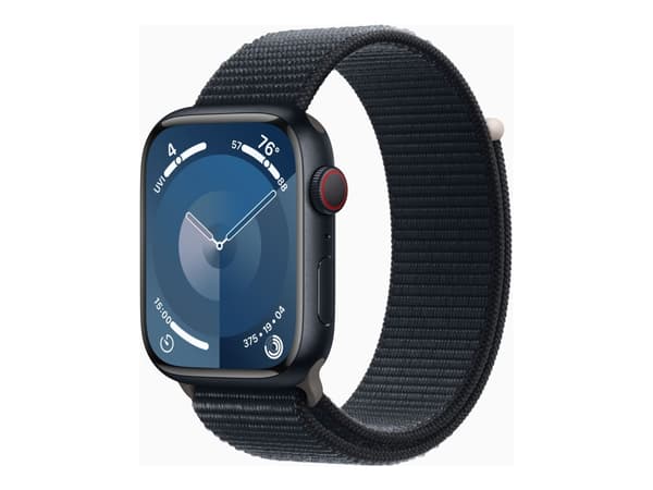 Apple Watch Series 9 (GPS + Cellular) - 45 mm - midnattsaluminium - smart klocka med sportögla - mjukt nylon i dubbla lager - midnatt - 64 GB - Wi-Fi