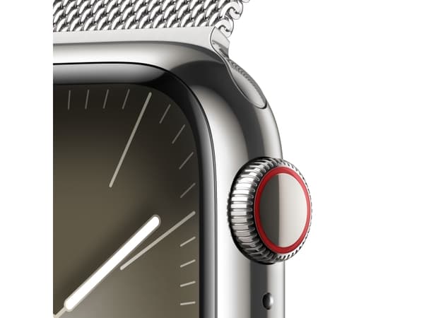 Apple Watch Series 9 (GPS + Cellular) - 41 mm - sølv rustfritt stål - smartklokke med fint strikket løkke - 64 GB - Wi-Fi, Bluetooth, UWB, LTE - 4G -