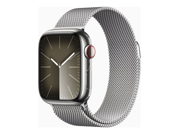 Apple Watch Series 9 (GPS + Cellular) - 41 mm - sølv rustfritt stål - smartklokke med fint strikket løkke - 64 GB - Wi-Fi, Bluetooth, UWB, LTE - 4G -