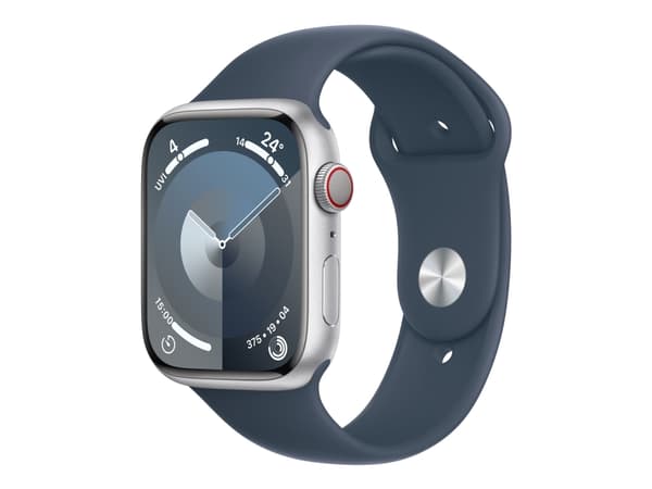 Apple Watch Series 9 (GPS + Cellular) - 45 mm - silveraluminium - smart klocka med sportband - fluoroelastomer - stormbl¨ - bandstorlek: S/M - 64 GB